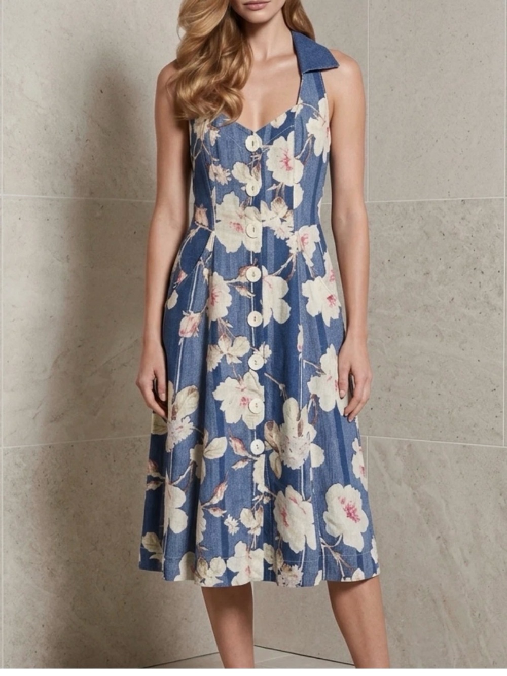 Anthropologie Blue Floral Button-Front Midi Dress